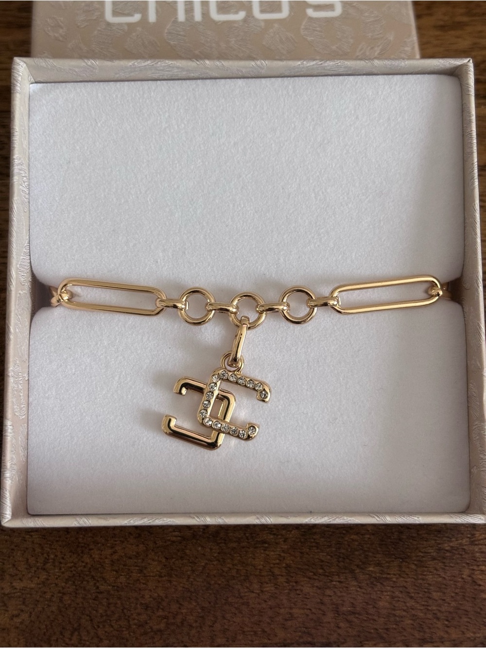 Chico's Gold-Tone Paperclip Chain Bracelet with Crystal Logo Charm